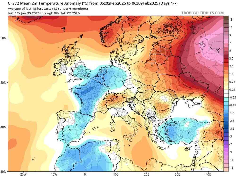Pogoda długoterminowa, anomalia temperatury w Polsce i Europie do 9 lutego 2025