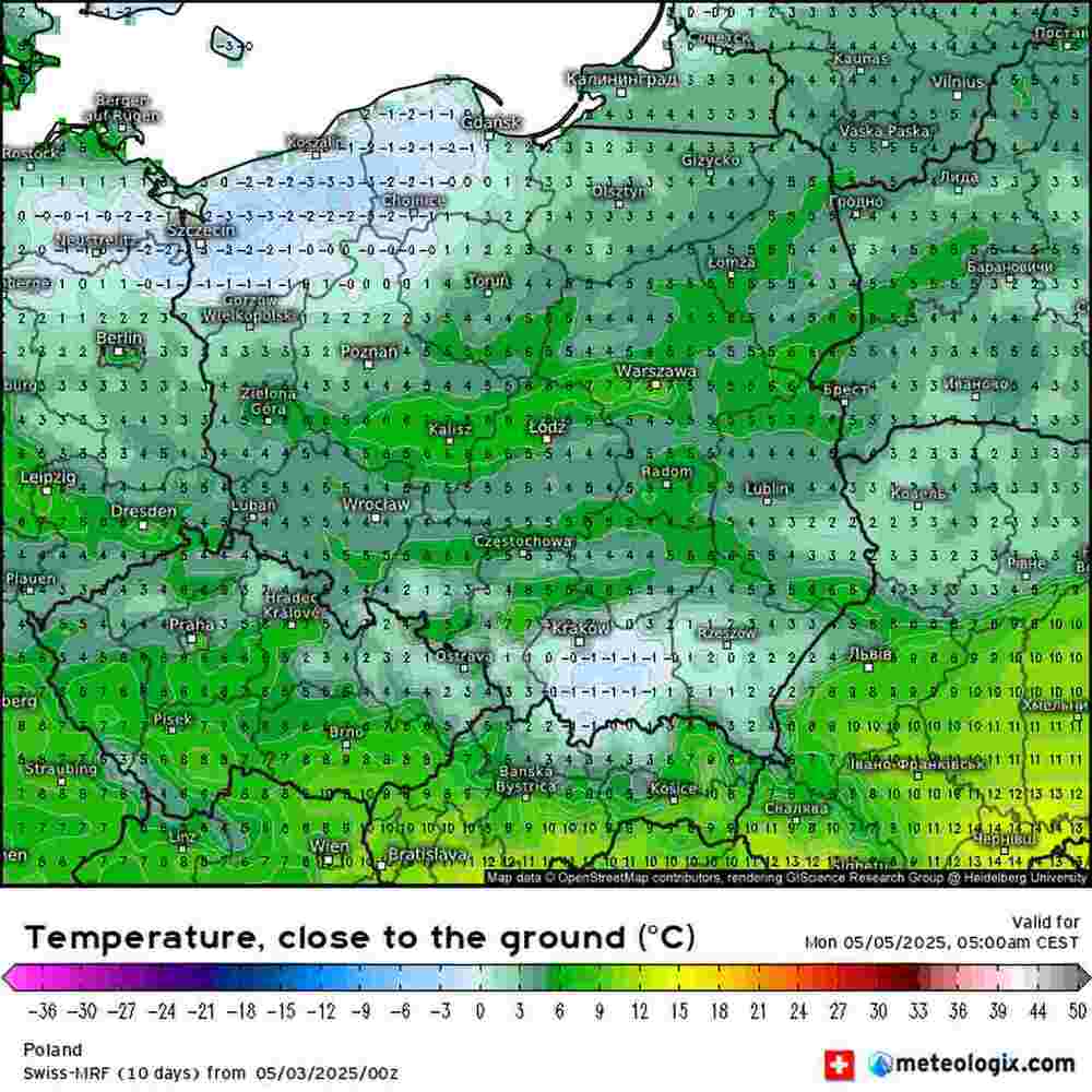 Silny mróz uszkodzi rośliny w środkowo wschodniej Europie w maju 2025, temperatura spadnie do -8 st. C. w rejonie Polski. W tych regionach będzie najzimniej