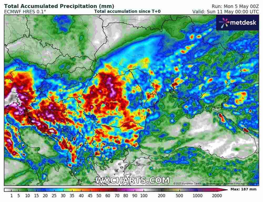 Będą ogromne ulewy zalewające drogi na południu Europy w maju 2025, spadnie 190 litrów wody na m2 ziemi, gdzie będą powodzie błyskawiczne