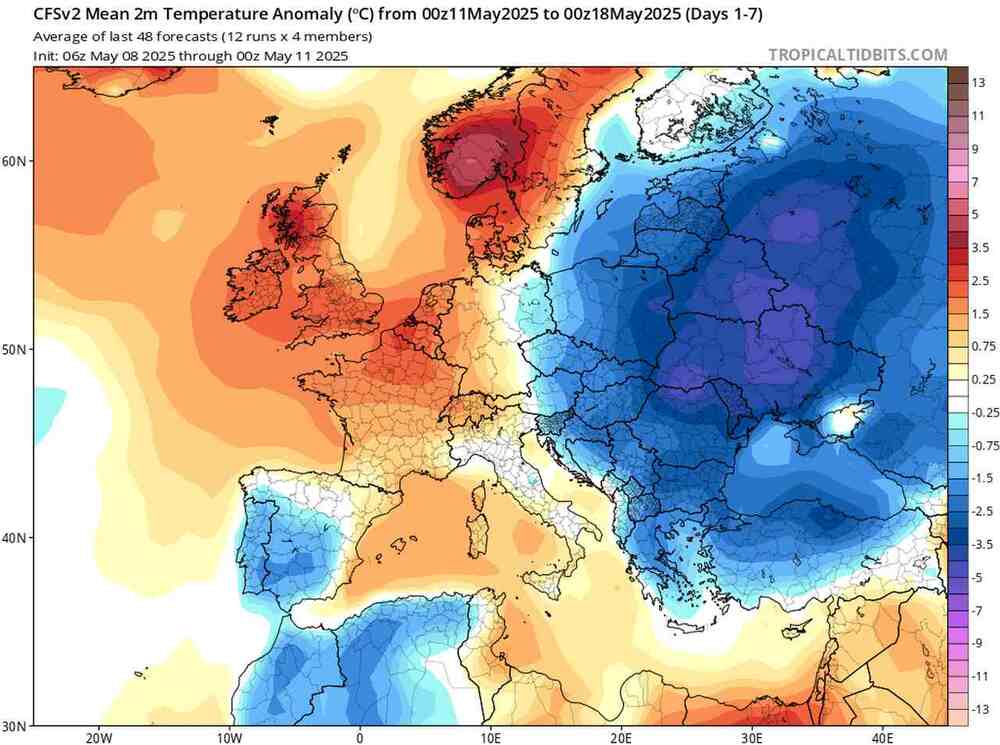 Pogoda długoterminowa, anomalia temperatury w Polsce i Europie do 18 maja 2025