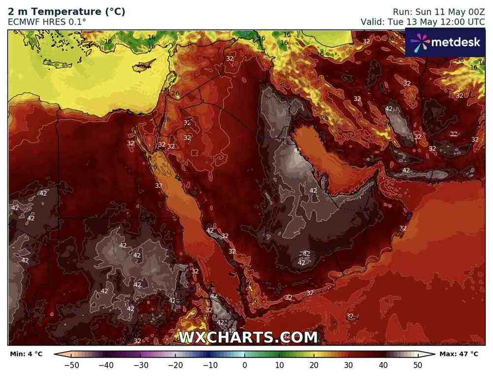 Nadejdzie potężny upał na Bliski Wschód w maju 2025. Temperatura sięgnie 49 st. C. w rejonie Półwyspu Arabskiego. Będzie długa i piekielna fala upałów