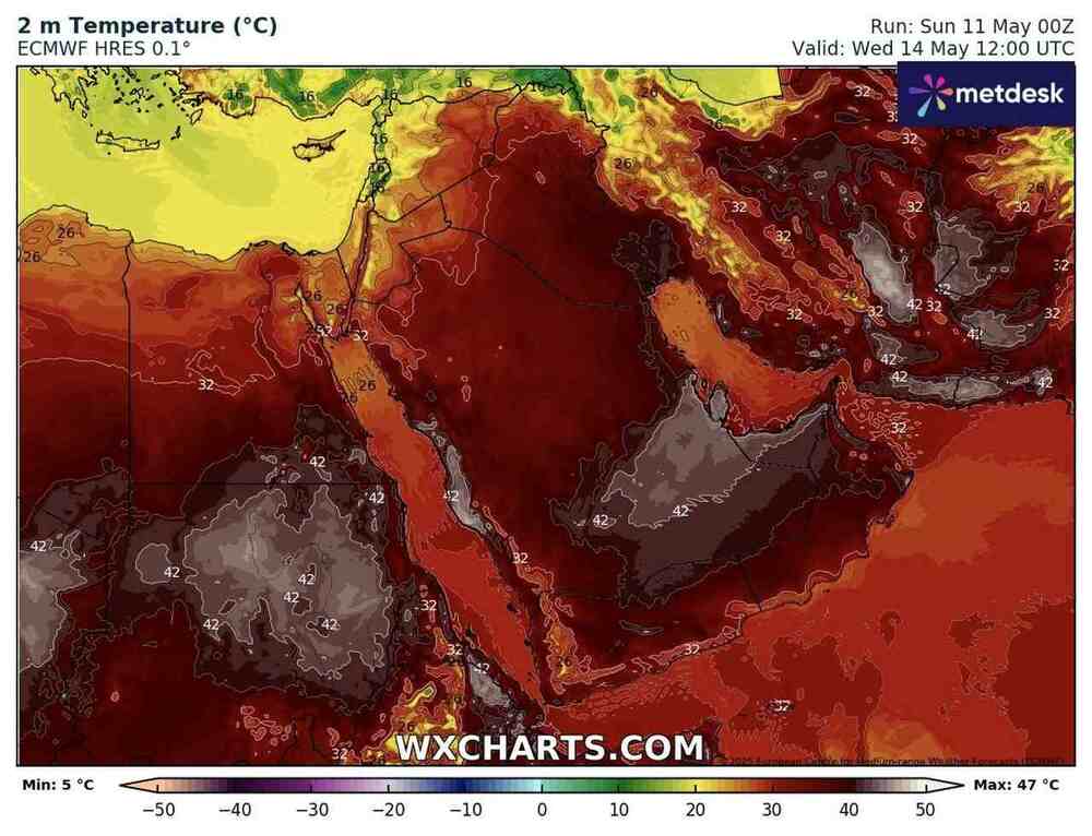 Nadejdzie potężny upał na Bliski Wschód w maju 2025, temperatura sięgnie 49 st. C. Będzie długa piekielna fala upałów