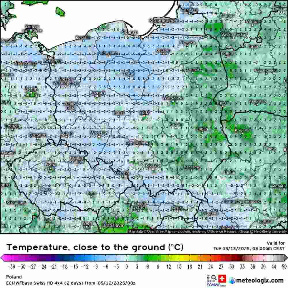 Silny mróz jeszcze nie ustąpi w środkowej Europie w maju 2025. Temperatura spadnie do -7 st. C. w rejonie Polski. W tych regionach zabezpieczmy rośliny