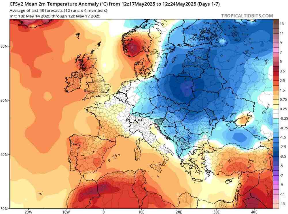 Pogoda długoterminowa, anomalia temperatury w Polsce i Europie do 24 maja 2025