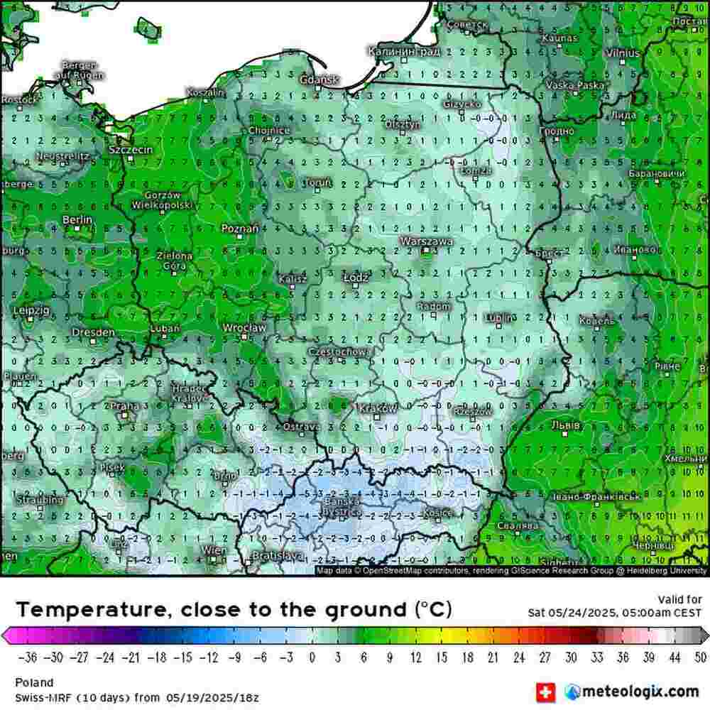 Będzie silny mróz niszczący rośliny w środkowo zachodniej Europie w maju 2024. Temperatura spadnie do -5 st. C.