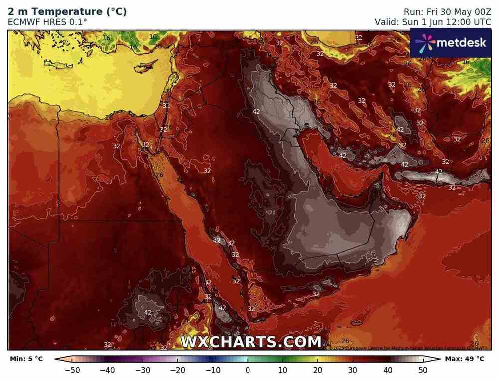 Upał będzie silny i długi na Bliskim Wschodzie w czerwcu 2025. Temperatura przekroczy 48 st. C. w cieniu. Fala upałów potrwa kilka tygodni
