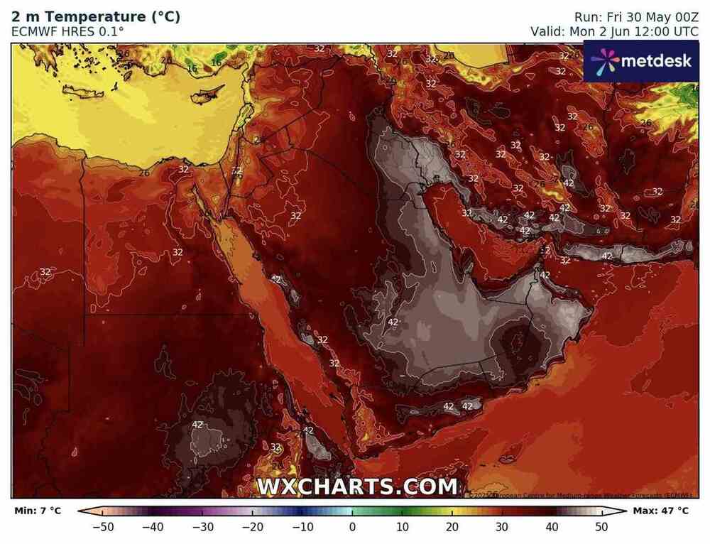 Upał będzie silny i długi na Bliskim Wschodzie w czerwcu 2025, temperatura przekroczy 48 st. C. Fala upałów potrwa kilka tygodni