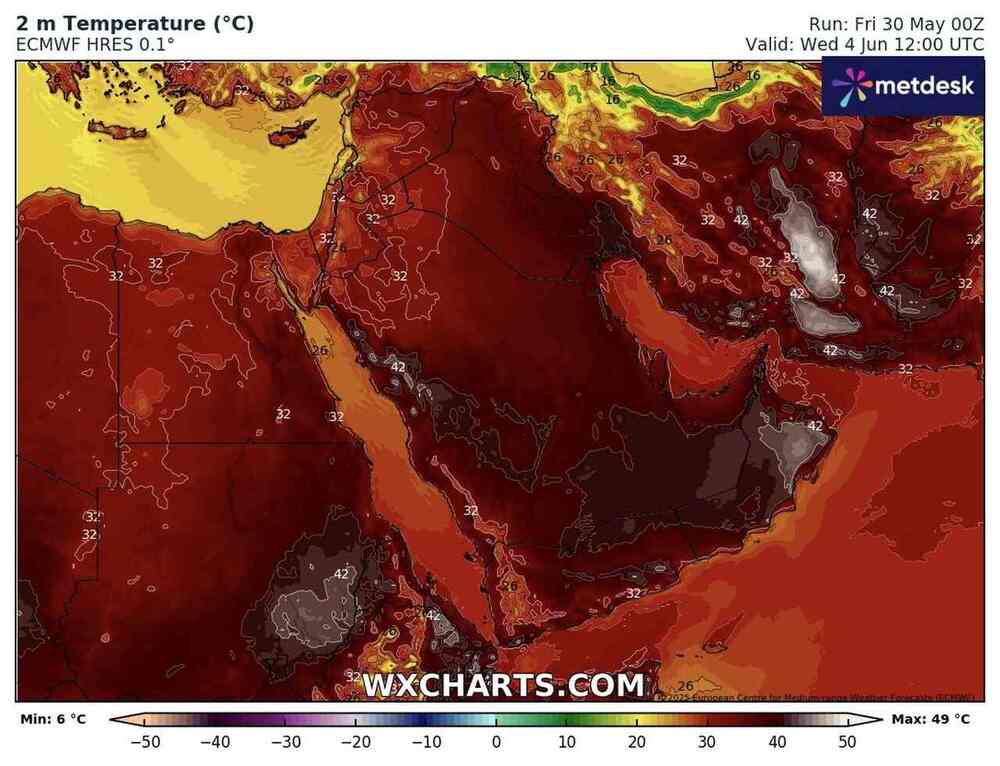Będzie silny i długi upał na Bliskim Wschodzie w czerwcu 2025, temperatura przekroczy 48 st. C.