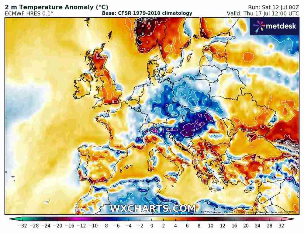 Pogoda długoterminowa, anomalia temperatury 17 lipca 2025, zimno czy fala upałów