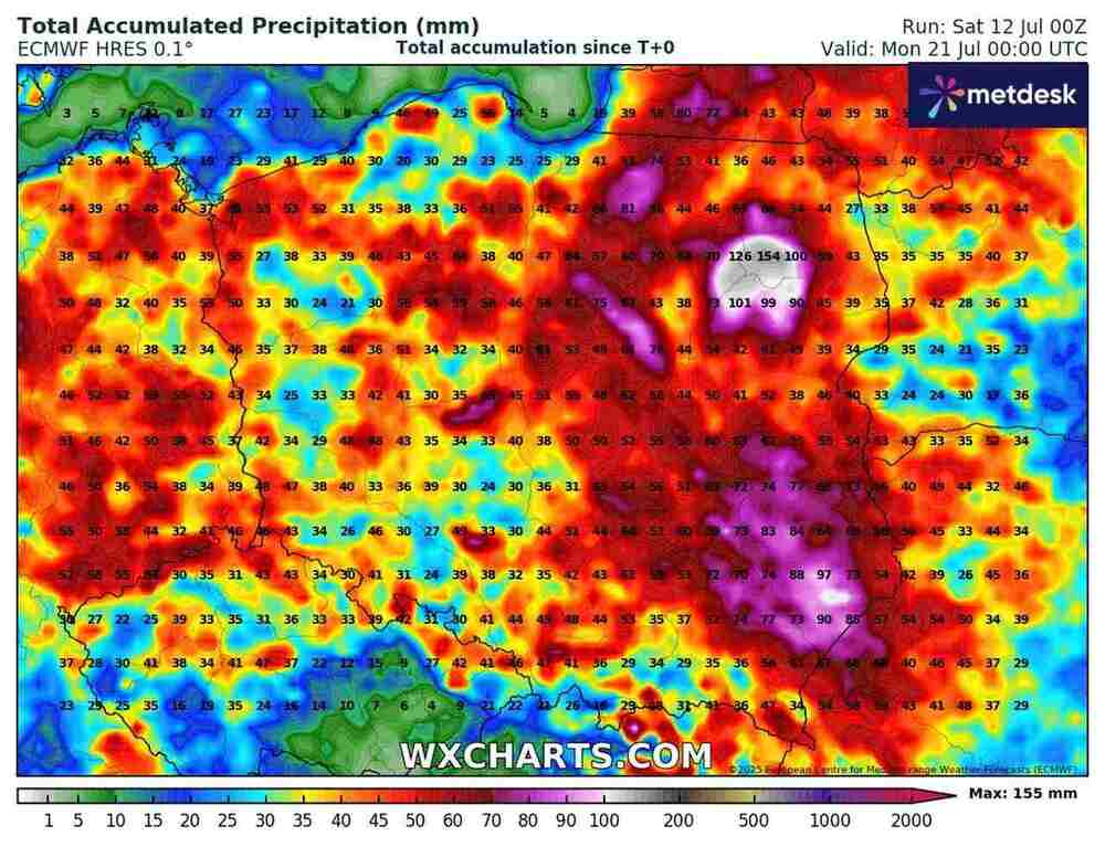 Pogoda długoterminowa, sumy opadów do 20 lipca 2025