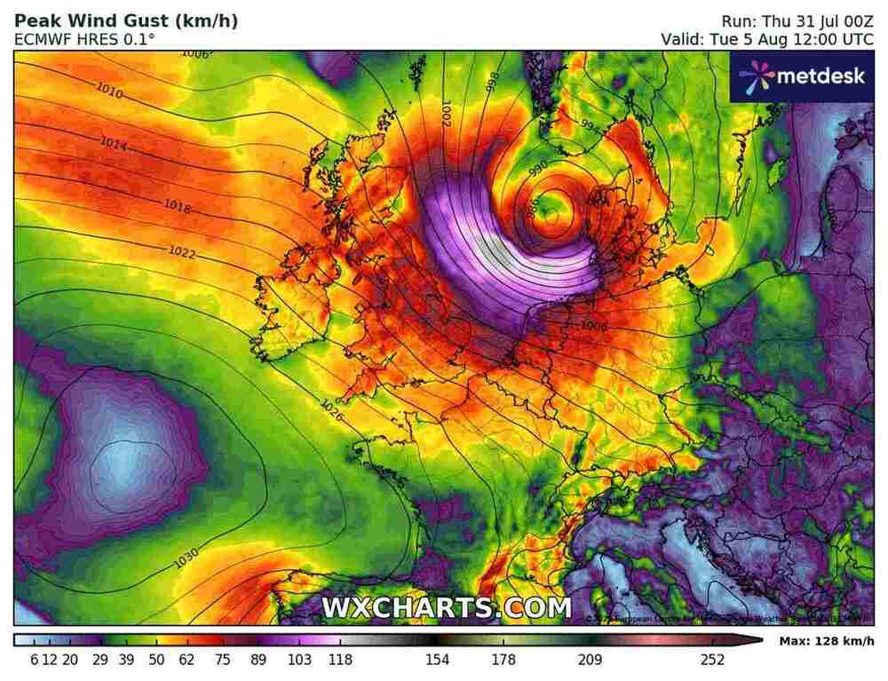 Będą ogromne wichury w zachodnio środkowej Europie w sierpniu 2025. Wiatr sięgnie 140 km/h. Cyklon uderzy w tych dniach