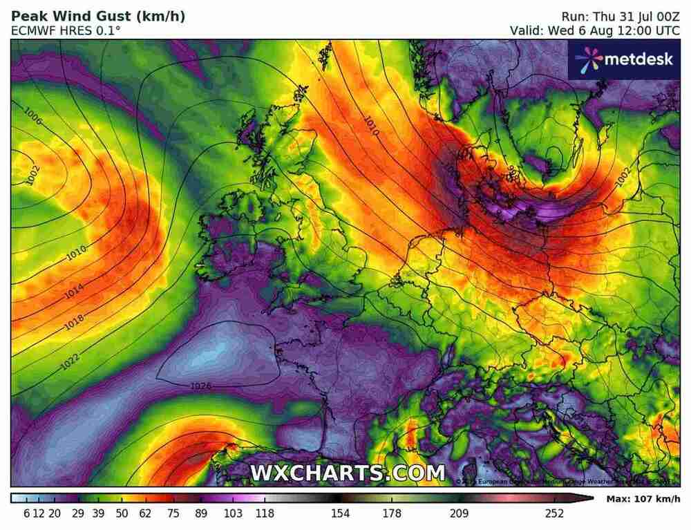Nadciągną ogromne wichury do zachodnio środkowej Europy w sierpniu 2025. Wiatr sięgnie 140 km/h. Cyklon uderzy z zachodu w tych dniach
