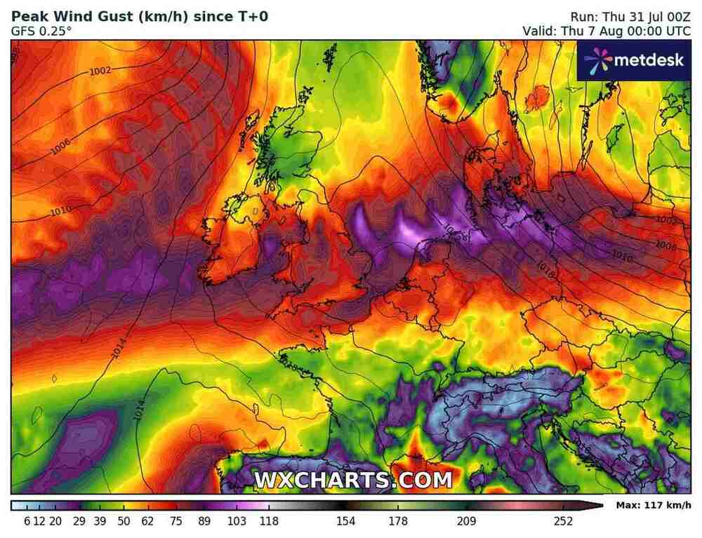 Będą ogromne wichury w zachodnio środkowej Europie w sierpniu 2025. Cyklon przyniesie wiatr 140 km/h w tych dniach