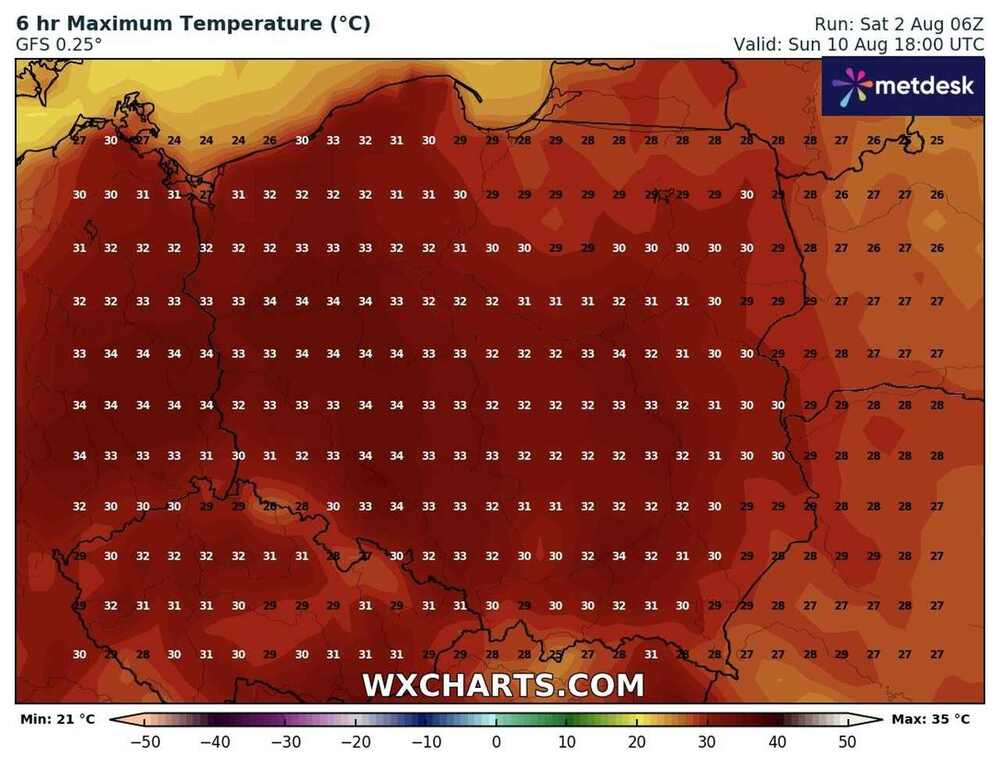 Silny upał pojawi się w Polsce w sierpniu 2025. Temperatura przekroczy 35 st. C. i będzie fala upałów w środkowej Europie