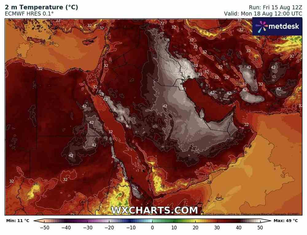Będzie długi upał na Bliskim Wschodzie w sierpniu 2025. Temperatura sięgnie 49 st. C. i piekielna fala upałów przedłuży się na wrzesień