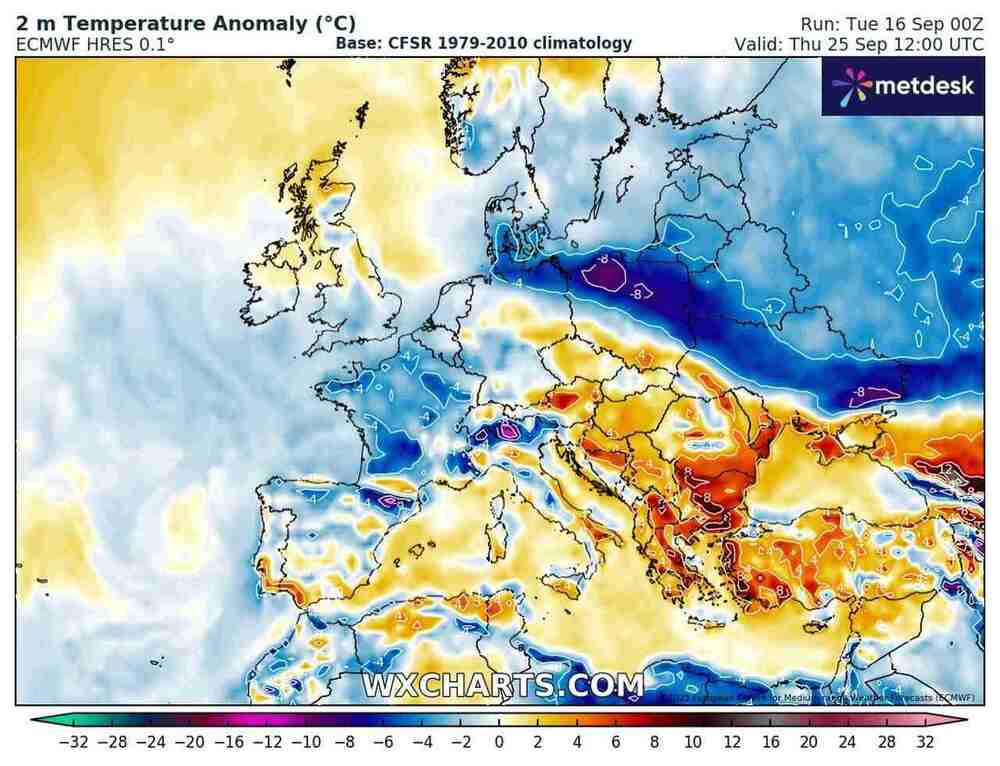 Pogoda do końca września, fala gorąca i pierwszy mróz i termin wielkiego ochłodzenia, anomalia temperatury 25 września 2025