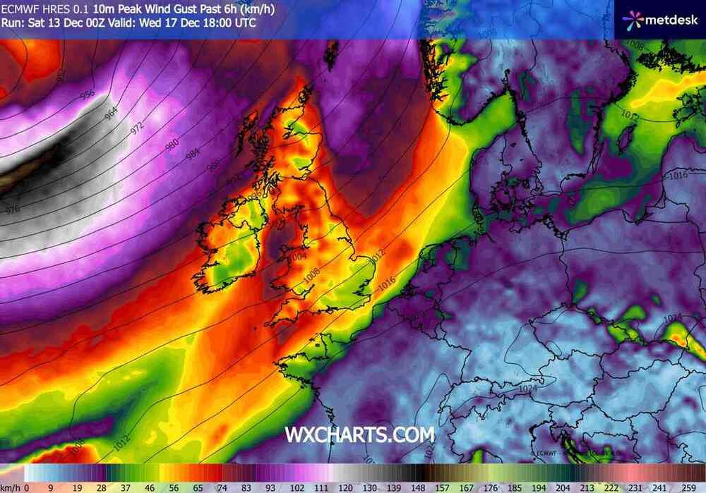 Będą silne wichury na zachodzie Europy w grudniu 2025. Wiatr osiągnie 140 km/h. Cyklon odetnie prąd