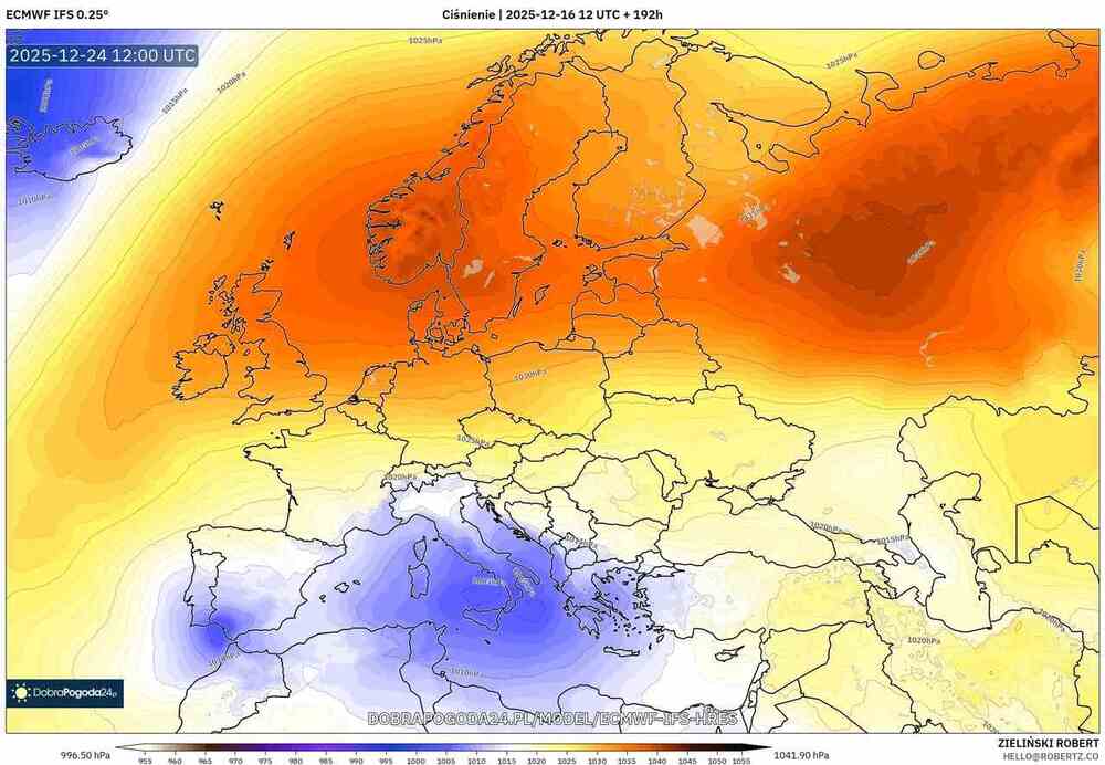 Będzie ogromny wyż w Europie. Ciśnienie sięgnie 1050 hPa. Ściągnie fale mrozu z północy w grudniu 2025