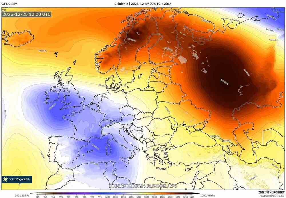 Będzie ogromny wyż w Europie w grudniu 2025. Ciśnienie sięgnie 1050 hPa. Ściągnie fale mrozu