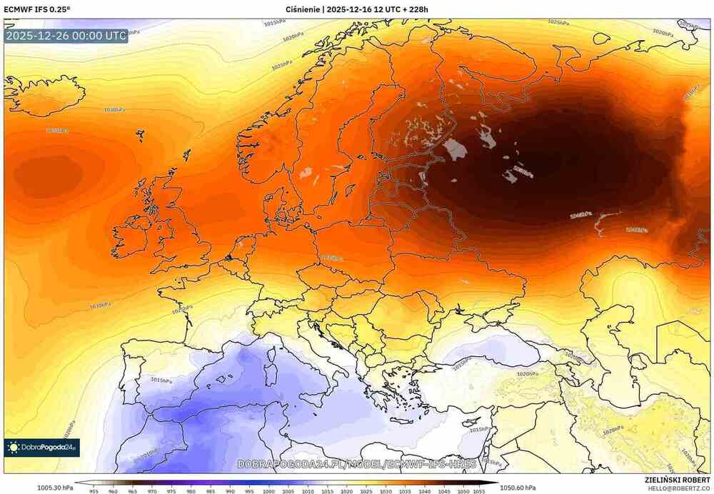Będzie ogromny wyż w Europie w grudniu 2025. Ciśnienie sięgnie 1050 hPa i będzie fala mrozu