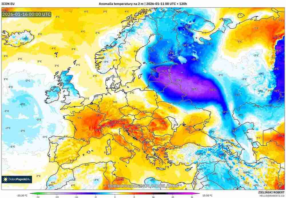 Pogoda długoterminowa na 16 dni, anomalia temperatury w Polsce i Europie 16 stycznia 2026