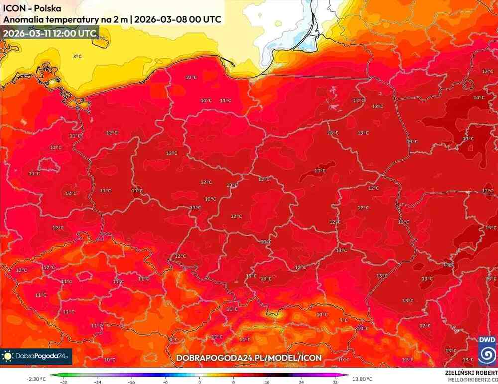 Pogoda na 16 dni, mróz i śnieg, czy fala ciepła, anomalia temperatury 11 marca 2026