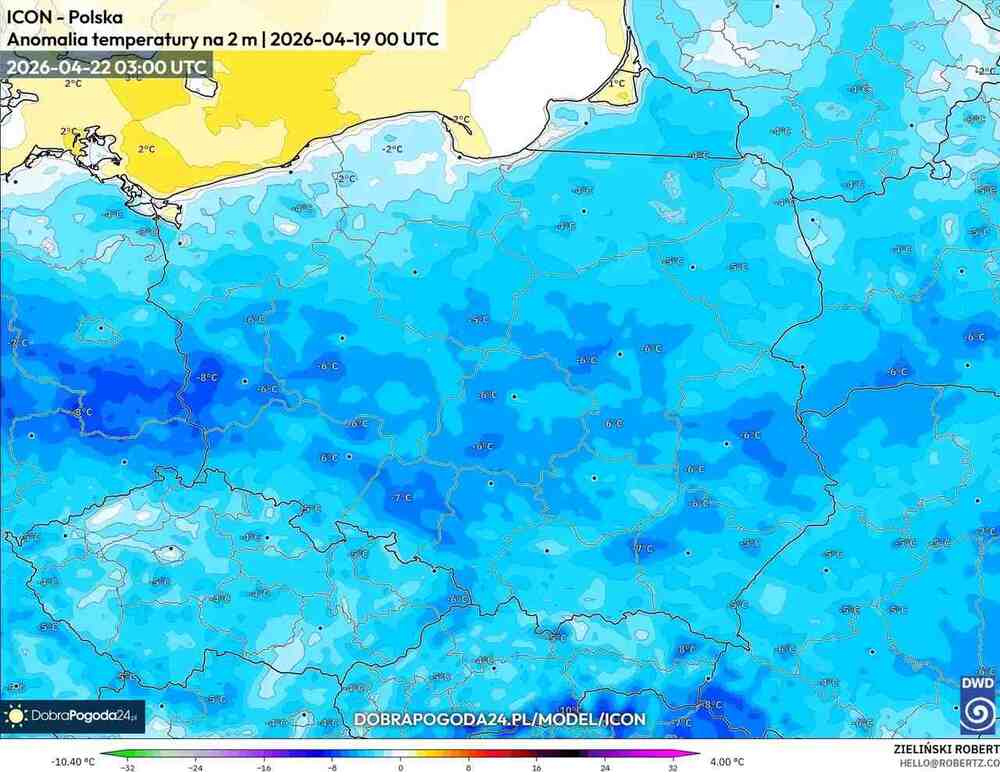 Pogoda na 16 dni, śnieg i mróz wróci po ociepleniu, anomalia temperatury 22 kwietnia 2026