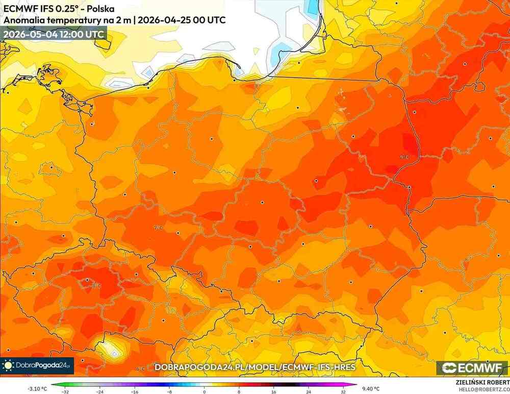 Pogoda na 16 dni, duży mróz i silna fala ciepła, anomalia temperatury 4 maja 2026