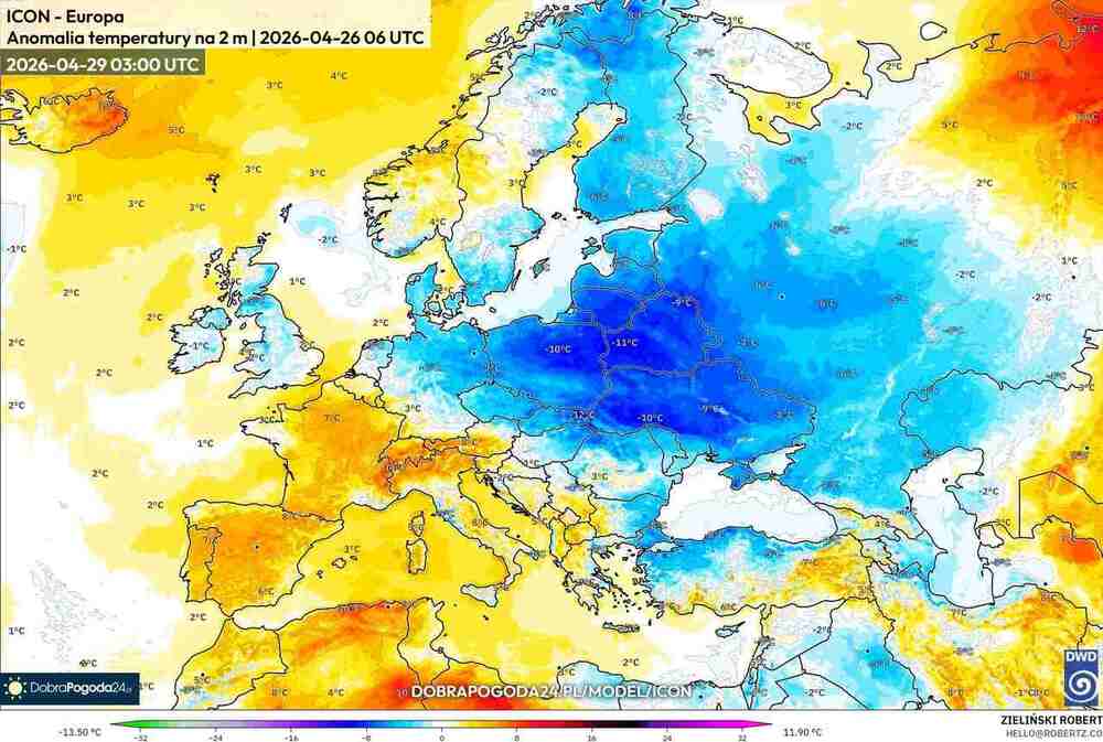 Mróz uszkodzi rośliny w środkowej Europie do początku maja 2026. Temperatura spadnie do -11 st. C. Będzie długa fala ochłodzenia