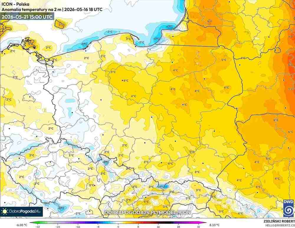 Pogoda na 16 dni, ochłodzenie ustąpi będzie fala gorąca, anomalia temperatury 21 maja 2026