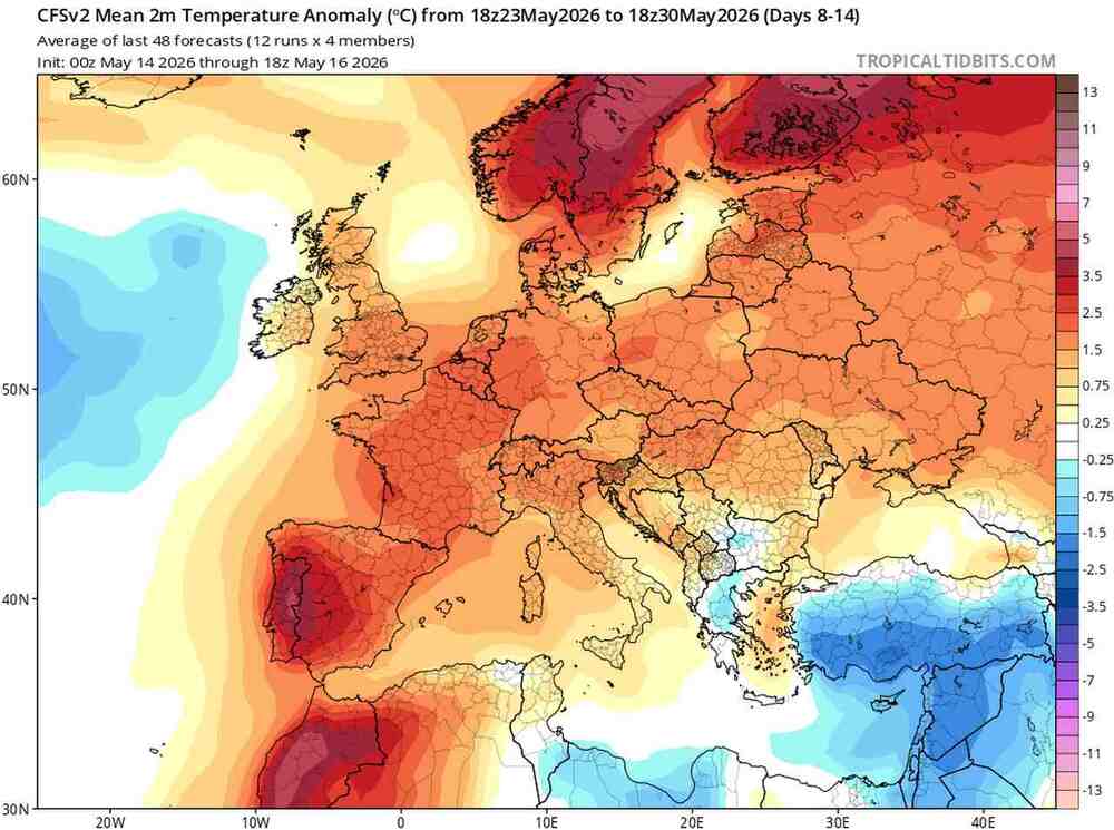 Pogoda na 16 dni, ochłodzenie ustąpi i będzie fala gorąca, anomalia temperatury w Polsce i Europie do 30 maja 2026