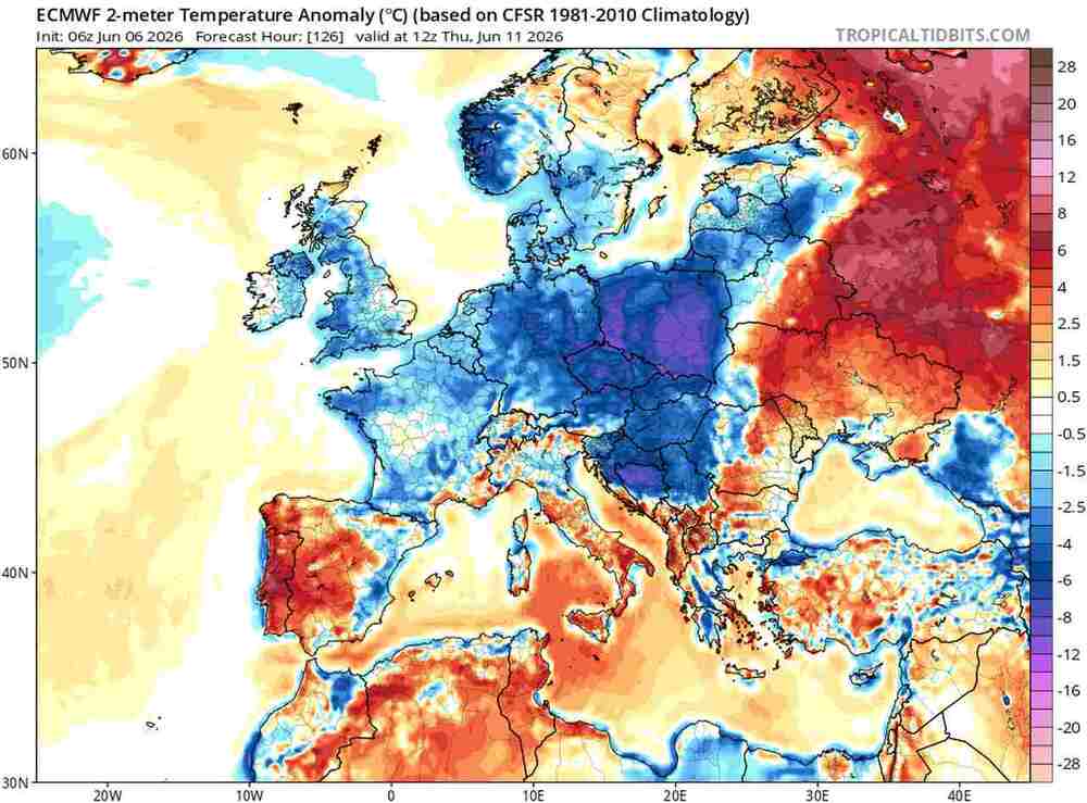 Nadejdzie silne ochłodzenie do środkowej Europy w czerwcu 2026. Temperatura spadnie o 12 st. C. Jest dokładny termin fali zimna
