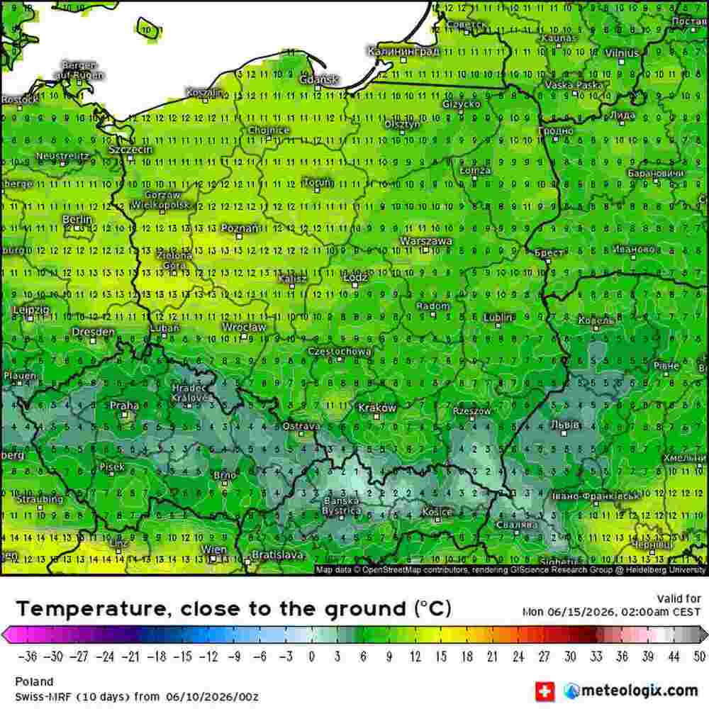 Ochłodzenie będzie silne w środkowej Europie w czerwcu 2026. Temperatura spadnie do 1 st. C. i fala zimna sięgnie z północy