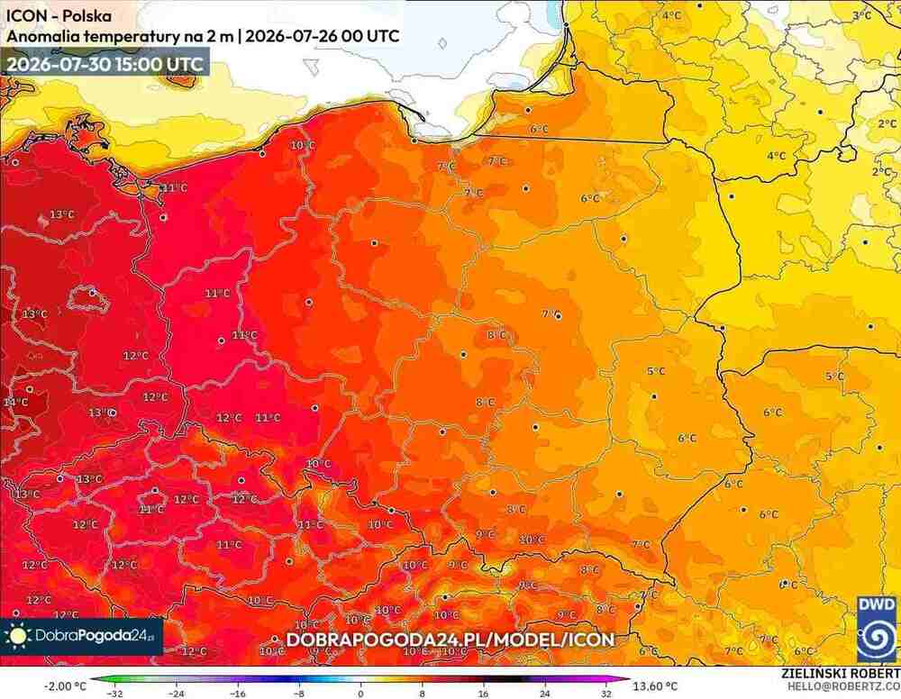 Pogoda na 16 dni, będzie ogromny upał, anomalia temperatury 30 lipca 2026