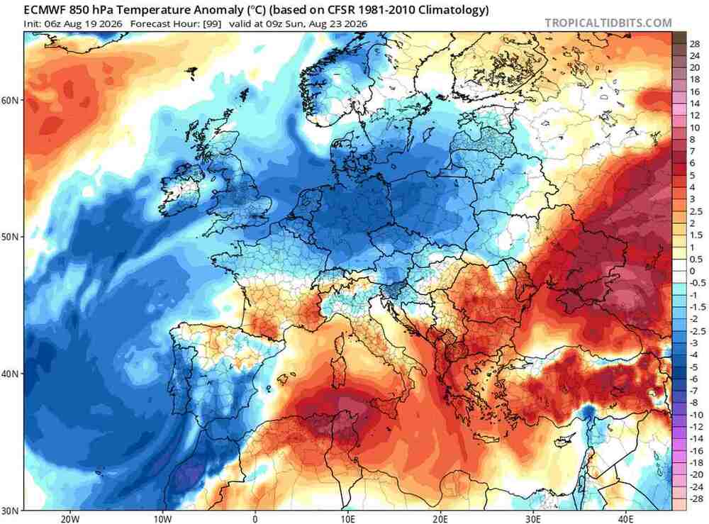 Nadciągnie silne ochłodzenie do środkowej Europy w sierpniu 2026. Temperatura spadnie do 4 st. C. i fala zimna sięgnie z północy do tych regionów
