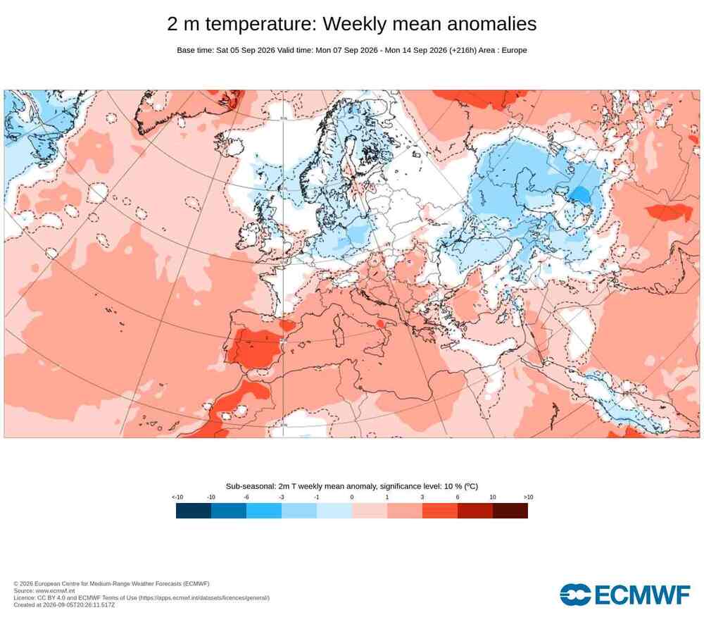 Pogoda na 16 dni, anomalia temperatury do 14 września 2026