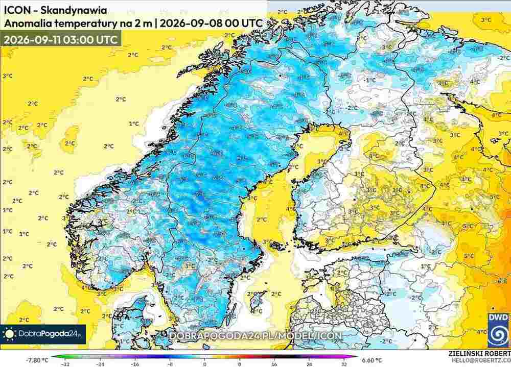 Nadciągnie mróz na północ Europy we wrześniu 2026. Temperatura spadnie do -7 st. C. i będzie rozszerzenie zasięgu fali mrozu