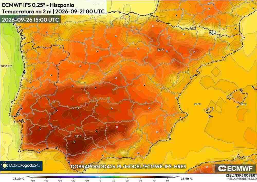 Powróci silny upał na południe Europy we wrześniu 2026. Temperatura sięgnie 39 st. C. i ogromna fala upałów przedłuży się nawet na październik