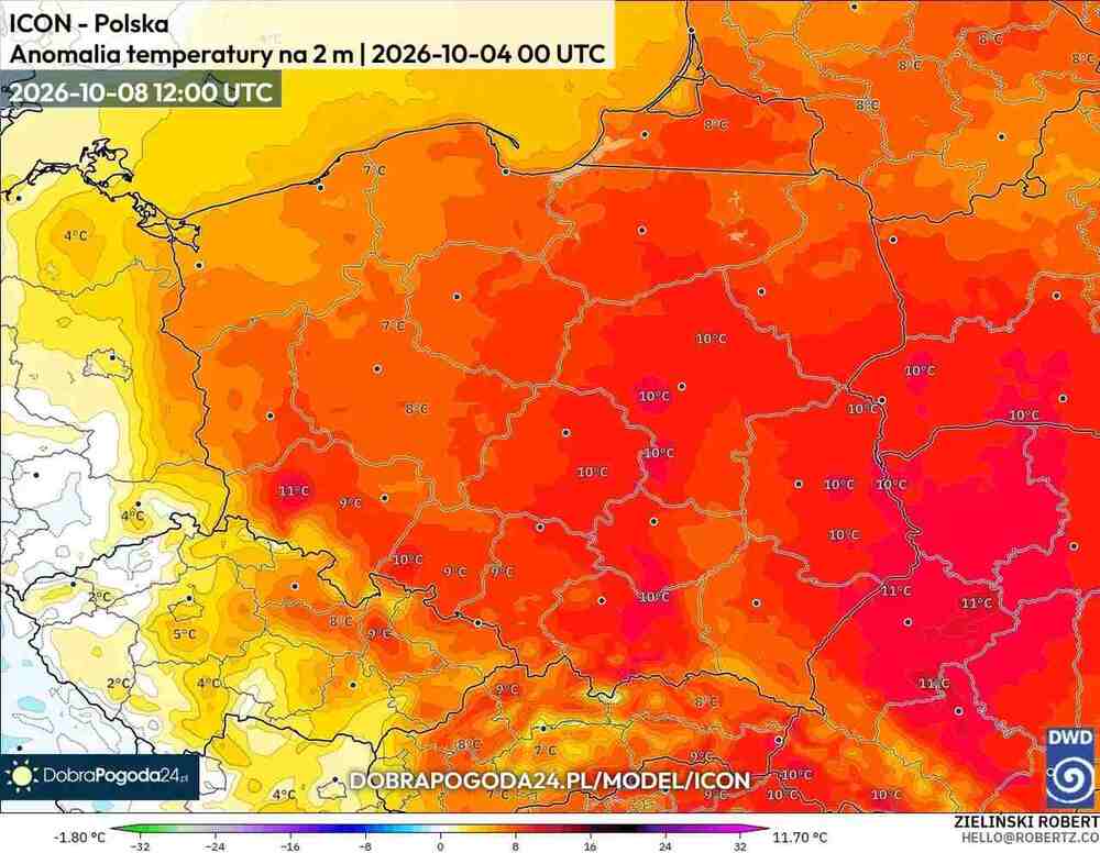 Pogoda na 16 dni, wróci fala gorąca przed ochłodzeniem, anomalia temperatury w Polsce 8 października 2026