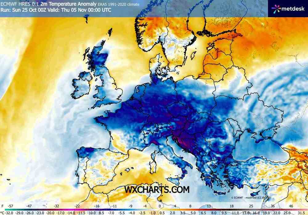 Pogoda na 16 dni, ochłodzenie ściągnie mróz, anomalia temperatury w Polsce i Europie 5 listopada 2026