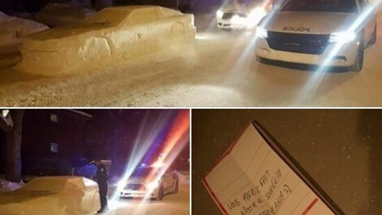 Policjanci przyjechali wlepić mandat kierowcy samochodu zrobionego ze śniegu